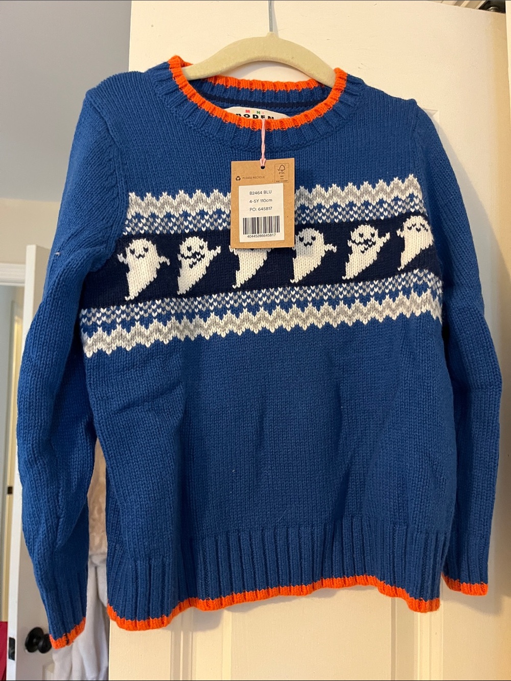 Mini Boden Blue Crewneck Sweater with White Ghosts and Orange Trim